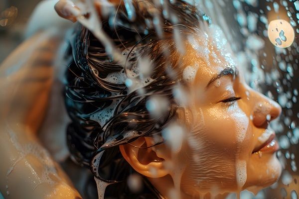 Woman washing her hair carefully