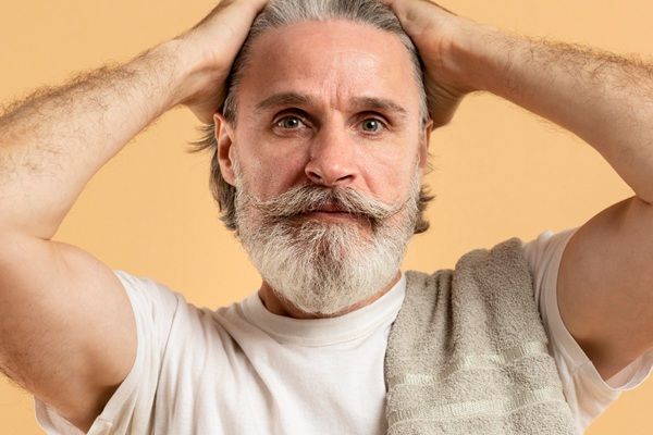 Man touching his hair with white roots