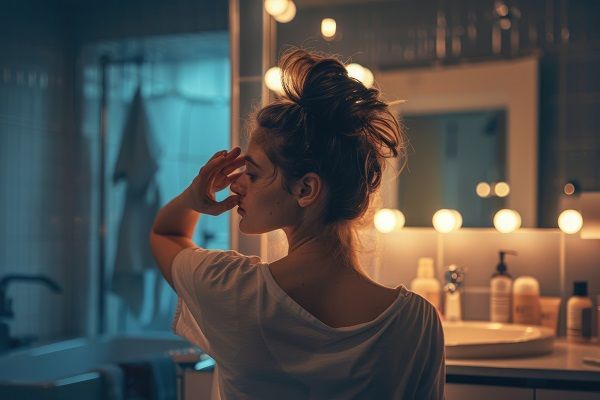 Woman at night in front of the mirror touching her hair